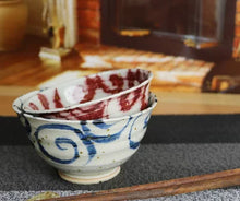 画像をギャラリービューアに読み込む, 信楽焼 夫婦茶碗 飯椀【水面唐草(青・赤)セット茶碗w909-07_909-08 】