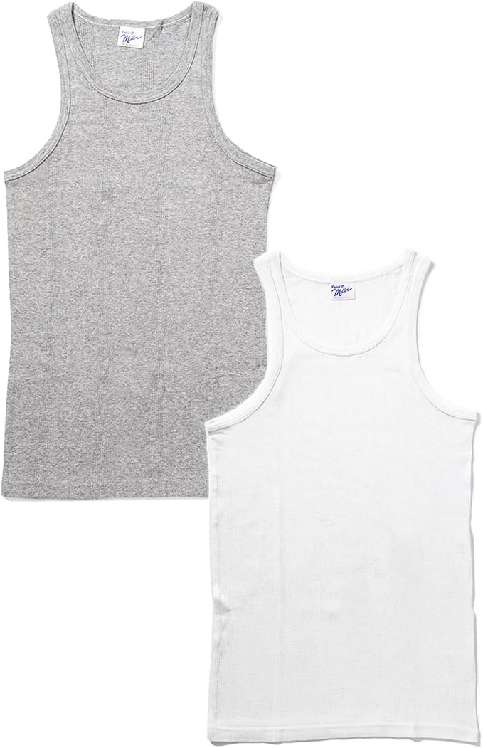 MILLER ミラー 110C パネルリブ タンクトップ ノースリーブ 綿100 パネルリブ シンプル トップス インナー ストリート系 アメカジ ファッション ( WHITE + GRAY ) 2枚セット
